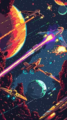 an old school computer game with space and stars in the background, as well as planets