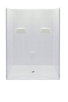 a white shower with two lights on each side