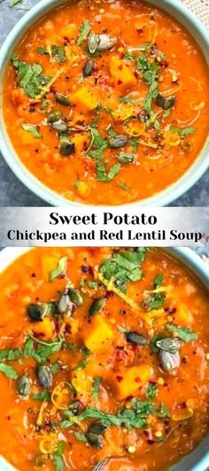 two bowls of sweet potato chickpea and red lentil soup