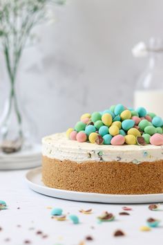 a cake topped with lots of candy and sprinkles on top of a white plate