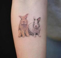 two rabbits tattoo on the right arm and left arm, with one rabbit sitting next to another bunny