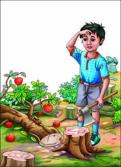 a young boy standing on top of a tree stump next to an apple orchard with apples in the background