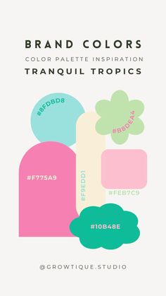 the brand colors for tranquil tropics are shown in pink, green and blue