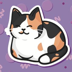 a cat sticker laying down on top of a purple surface with bubbles around it