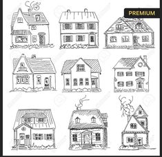 hand drawn houses with windows and chimneys on white background stock photo - 549782