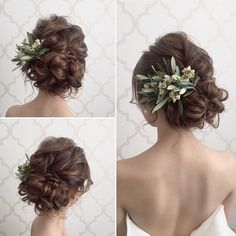 four different views of a woman's back with flowers in her hair and leaves in her hair