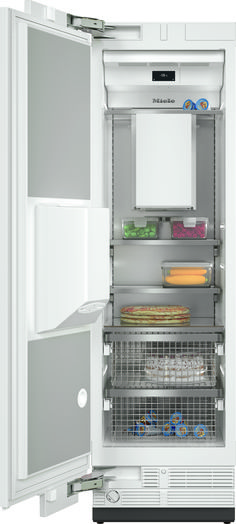 an open refrigerator with its door wide open and food in the bottom drawer, on a white background