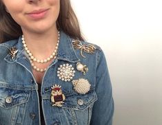 Image result for brooches on a denim jacket How To Wear Brooches, Brooch Outfit Ideas, Rings Ideas, Denim And Diamonds, Funky Outfits, Embellished Denim, Embellished Jeans, Your Mom, Mode Inspiration