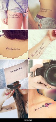 many different tattoos on the back of women's backs and arms, with words written in