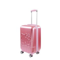 Perfect for the Hello Kitty lover this upscale design 21-inch hard-sided spinner rolling carry-on suitcase luggage is perfect for any journey choose from metallic pink or black. -Made with durable ABS Plastic with Hello Kitty molded in the front. -Supported on 8 stable spinner wheels for hassle-free wheeling. -The convenient aluminum telescopic handle is easy to grip. -The sizable polyester-lined main compartment is divided for easy organizing. -Interior includes 2 mesh zip pockets and a zip wet Pink Sanrio, Hello Kitty Merchandise, Luxury Luggage, Hello Kitty Rooms, Hello Kitty Items