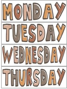 the words monday, tuesday and wednesday are arranged in different font styles on a white background