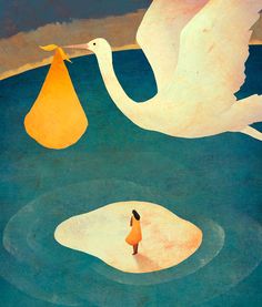 two white swans floating on top of a body of water next to an orange buoy