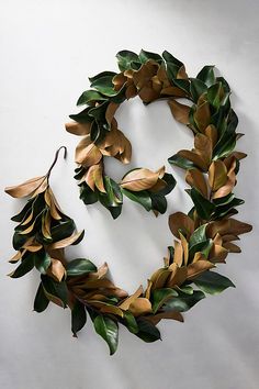 a wreath made out of green leaves on a white wall