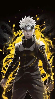 an anime character in black and white with yellow flames around his neck, standing on a black background