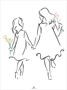 two girls holding hands with flowers in their hand, one girl is holding the other's hand