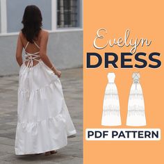 a woman in a white dress with the words evelyn dress on it and an image of her