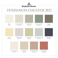 the color chart for belgium moore's new paint scheme, featuring neutrals and browns