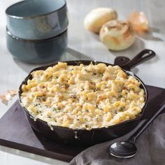 a skillet filled with macaroni and cheese