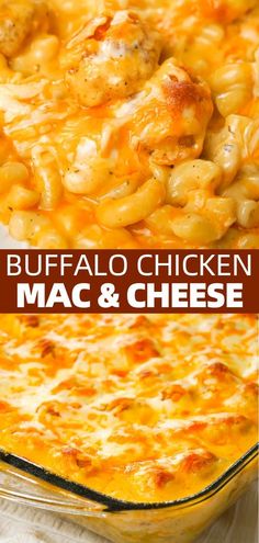 buffalo chicken macaroni and cheese in a casserole dish with text overlay