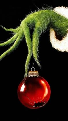 an ornament hanging from the side of a christmas tree with a grin face on it