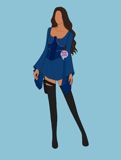 a woman in thigh high boots and a blue shirt with a speech bubble on it