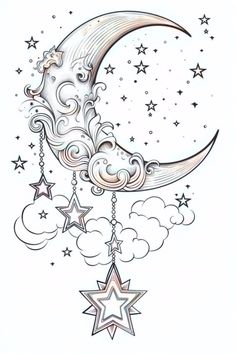 a drawing of a crescent with stars hanging from it's sides and clouds in the background