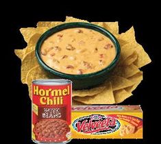 a can of hummus chili next to some chips and a bag of tortilla chips