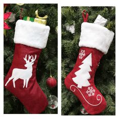 two christmas stockings hanging from a tree decorated with white snowflakes and reindeers