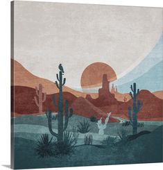 a desert scene with cactus trees, birds and the sun in the background canvas wall art print