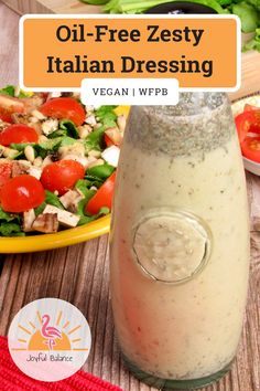 an image of a salad in a jar with the words oil - free zesty italian dressing