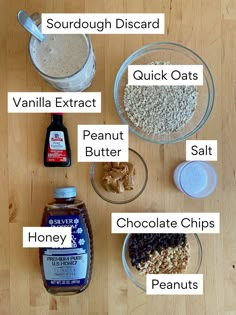 ingredients to make peanut butter oatmeal on a wooden table with text overlay