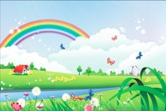 a rainbow in the sky over a green field with flowers and grass near a river