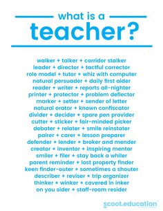 a poster with the words what is a teacher? in blue and white on it