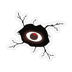 an eyeball sticker on the side of a white background with black and red details