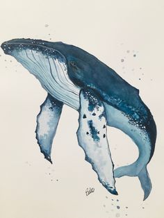 a painting of a blue whale with its mouth open and it's tail curled up