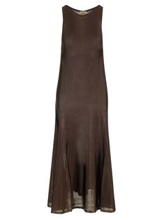 "Hencil" midi dress from Khaitè in espresso brown viscose knit, with halter top and flared skirt. Versace Designer, Espresso Brown, Knit Midi, Knit Midi Dress, Flared Skirt, Shirt Skirt, Shirt Accessories, Flare Skirt, Swimwear Tops