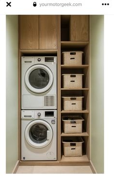 a washer and dryer in a closet with baskets on the bottom shelf next to each other