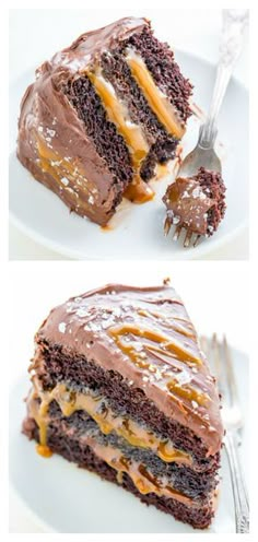 two pictures of a chocolate cake with caramel icing