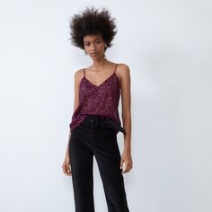 Zara Sequin Top Dark Pink Chic Purple Evening Tops, Chic Purple Tops For Evening, Zara Purple Party Top, Zara Purple Top For Party, Denim Halter Top, Embellished Crop Top, Cropped White Tee, Asymmetrical Shirt, Satin Crop Top