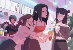 two women hugging each other in front of a group of people at a bar with drinks