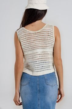 Subcategory: Vest . Neck: V-neck neckline. Sleeves: Sleeveless style. Fit: Relaxed fit. Style: Boho. Detail: Cable knit . Fabric: Crochet. Zipper: Button placket. runs true to size. U. 60% Cotton 40% Polyester Summer V-neck Knit Top For Day Out, Casual V-neck Crop Top For Beach, Chic V-neck Crochet Top For Day Out, Fitted V-neck Summer Vest, Summer V-neck Knit Top For Vacation, Summer Cotton V-neck Vest, Summer V-neck Knit Top For Beach, Open Knit V-neck Crochet Top For Day Out, Chic Crochet V-neck Top For Day Out