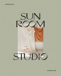 an advertisement for the sun room studio with a chair and curtain in front of it