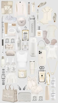 an assortment of women's and men's personal care products arranged on a white background