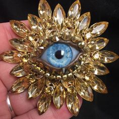 "This brooch measures 3\" across" Natural Green Eyes, Eyeball Art, Evil Eye Art, Unique Brooch, Funky Jewelry, Pastel Purple, Eye Art, Pink Rhinestones, Eye Jewelry