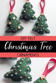 felt christmas tree ornaments with red ribbon and white polka dots on them, hanging from the ceiling