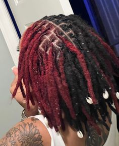 Natural Locs Dyed, Peekaboo Loc Color, Red Locs With Beads, Half Red Half Black Locs, Half And Half Locs Color, Locs With Peekaboo Color, Dyed Locs Inspiration, Locs Hairstyles Colored, Dark Red Locs Black Women