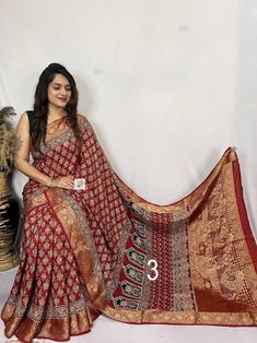 Pure Hand Block Print Ajrakh on Dola Silk Saree, Designed Lagdi Patta and Border, Organic Colors, Natural Hand Dyed, Silk Sarees for Women - Etsy Dola Silk Saree, Designer Silk Sarees, Sarees For Women, Saree Designs Party Wear, Organic Colors, Dyed Silk, Hand Dyed Silk, Diy Sewing Clothes, Indian Wedding Dress