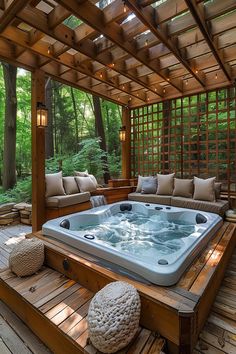 Wooden hot tub with privacy lattice in a lush forest setting, perfect for secluded relaxation. Hot Tub Privacy Ideas, Jacuzzi Pool, Hot Tub Privacy, Hot Tub Pergola, Backyard Spa, Hot Tub Landscaping, Nosy Neighbors, Privacy Ideas, Pool Design Ideas