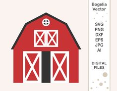 a red barn with two doors and a cross on the roof is next to a digital file