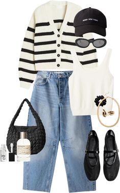 For Fall 2024, keep it simple yet chic with a minimalistic outfit. ✨   Pair basic blue jeans with an off-white striped cardigan for a relaxed and comfy vibe.  Complete the look with black ballet flats for effortless style that’s perfect for any casual day.  #FallOutfit #Trends2024 #MinimalisticStyle #BasicBlueJeans #StripedCardigan #BlackBalletFlats #ChicAndComfy #RelaxedFit #EffortlessFashion #FallFashionInspo White And Black Striped Sweater Outfit, Black Mesh Flats Outfit, Blue Ballet Flats Outfit, Stripped Cardigan Outfits, Black And White Striped Cardigan Outfit, Jeans And Ballet Flats Outfit, Outfits With Flats, Stripe Cardigan Outfit